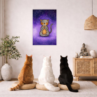 Gray cat meditating under a star-filled night sky, peaceful mindfulness illustration with calm blue tones. Three cats are sitting on a wicker pillow meditating facing the poster. There is a floor plant on in the left corner. On the right side is a cabinet with a Buddha statue on top, burning incense and a few books.