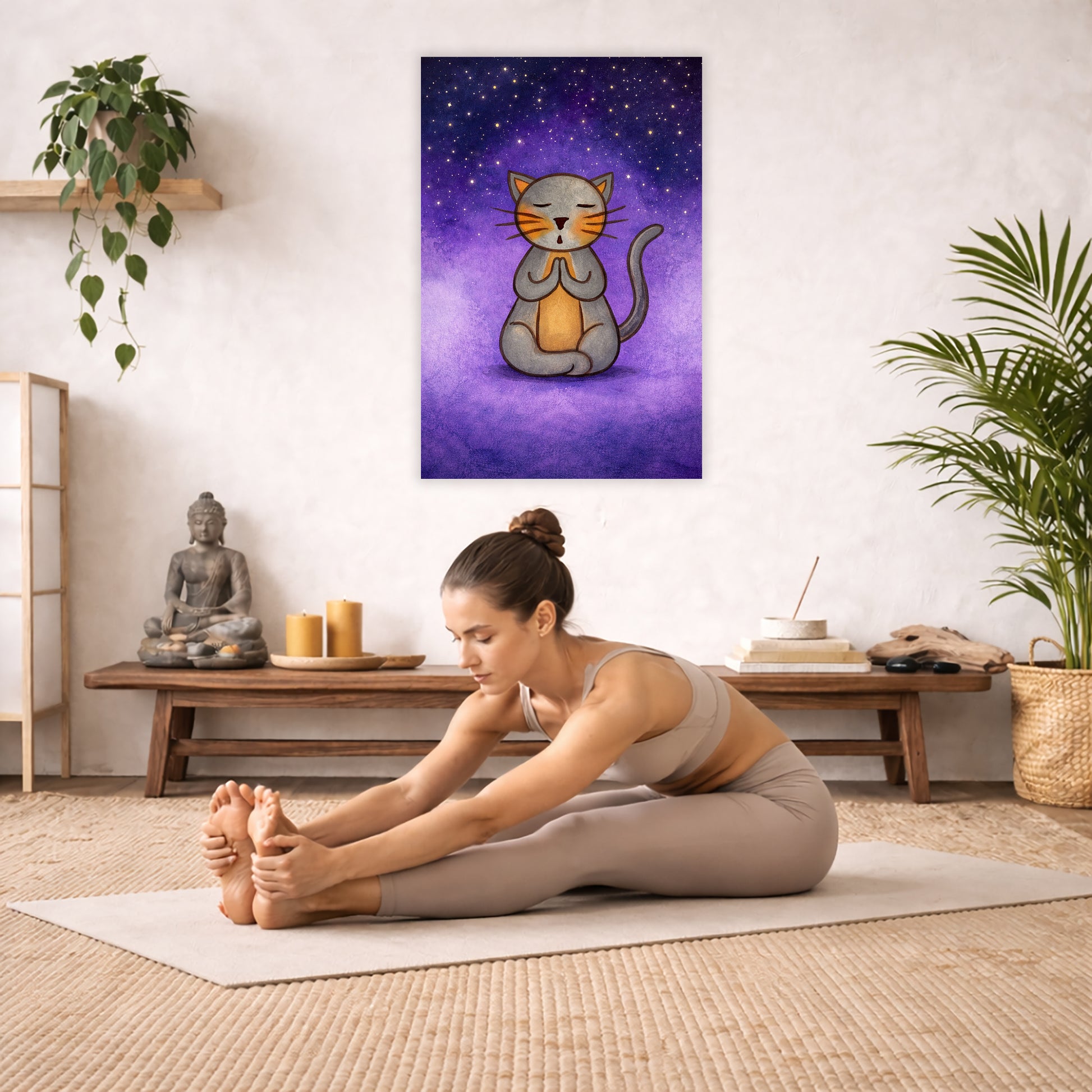 Gray cat meditating under a star-filled night sky, peaceful mindfulness illustration with calm blue tones.  The poster is hanging in the middle of the living room wall. A woman is doing the seated forward bend yoga pose in front of the poster. Behind her is a coffee table with incense and a Buddha statue. There are potted plants on the right and left side of the background.
