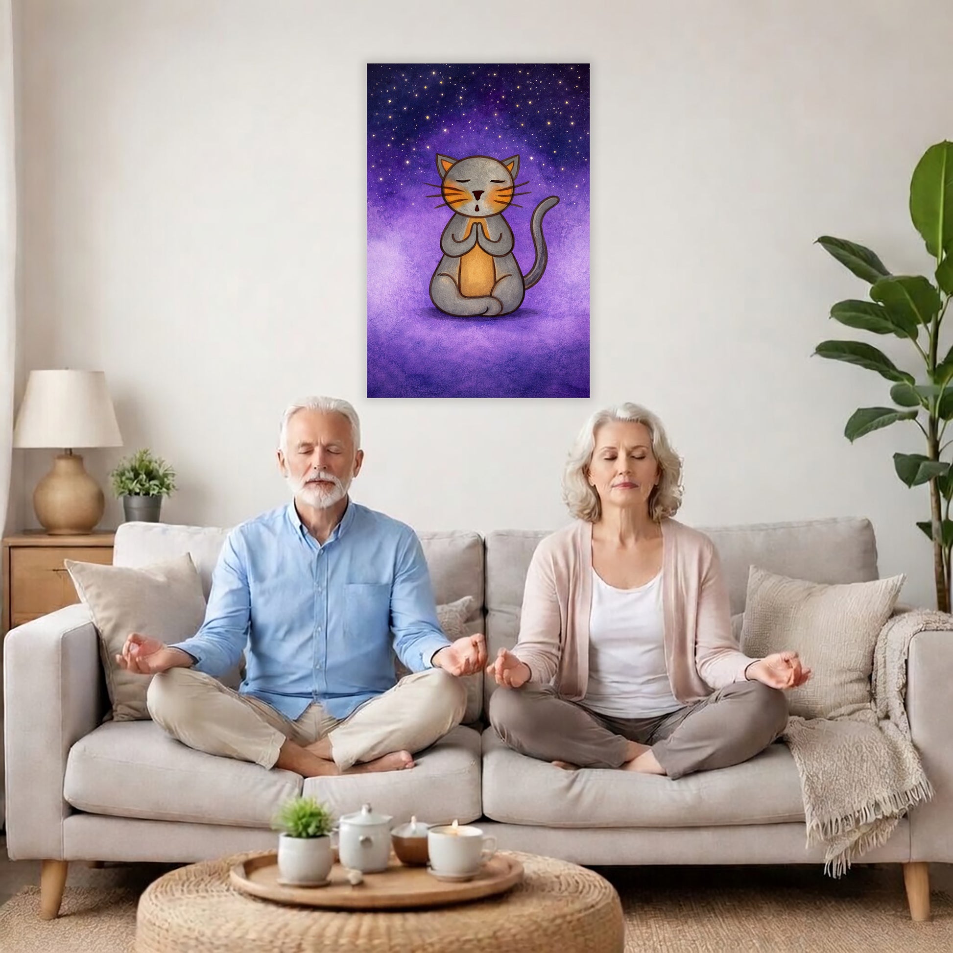 Gray cat meditating under a star-filled night sky, peaceful mindfulness illustration with calm blue tones. A couple is meditating on their couch. The poster is on a wall behind them. There is a coffee table in front with candles burning and a potted plant. There is a potted plant to the right and shelves on the left.
