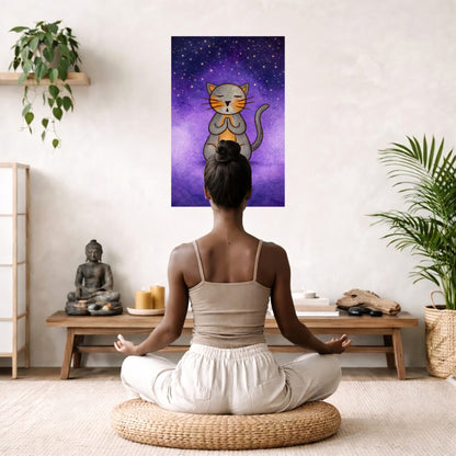 Gray cat meditating under a star-filled night sky, peaceful mindfulness illustration with calm blue tones. The poster hanging on a living room wall. A woman is mediating facing the poster. There is a coffee table in front of her with burning candles and a Buddha statue. There are green potted plants on each side of the room.
