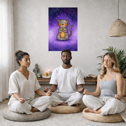 Gray cat meditating under a star-filled night sky, peaceful mindfulness illustration with calm blue tones.  Three friends are sitting on wicker pillows meditating in a living room. The poster is on the wall behind them. The table behind them has a Buddha statue and a lit candle. There is a white curtain to the left and a hanging lamp and a potted green plant on the right.

