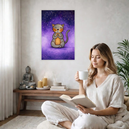 Gray cat meditating under a star-filled night sky, peaceful mindfulness illustration with calm blue tones. The poster is in the center of the living room wall. There is a coffee table below the poster with burning candles. A woman is sitting in a wicker chair on the right side of the poster with a cup of tea reading a book.
