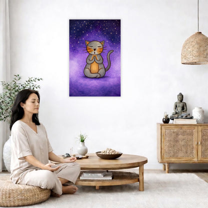 Gray cat meditating under a star-filled night sky, peaceful mindfulness illustration with calm blue tones. The poster is in the center of the living room wall. A woman is on a chair on the left side of his living room meditating. There is a green potted plant behind her. On the right side is a cabinet with a Buddha statue on it.
