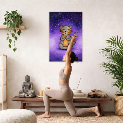 Gray cat meditating under a star-filled night sky, peaceful mindfulness illustration with calm blue tones. The poster is hanging on a living room wall. A woman is doing the yoga pose crescent lunge on the knee. There is a coffee table behind her with a Buddha statue, incense and candles. A green potted plant is on each side of the image.