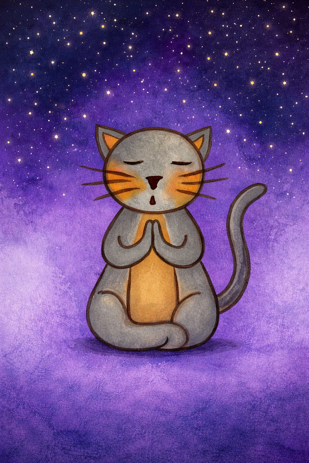 Gray cat meditating under a star-filled night sky, peaceful mindfulness illustration with calm blue tones.  This is a print of the original watercolor created by Brazilian artist Thaís Suizo for the LET'S MEDITATE series of meditation guides. 
