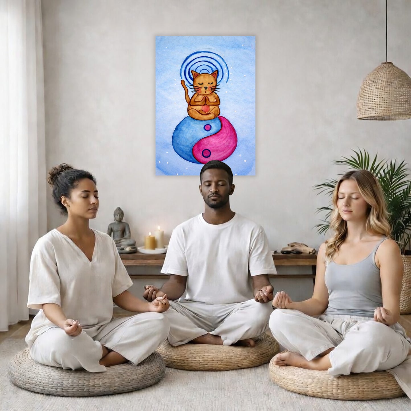 Poster of a brown cat meditating with glowing crown chakra above its head.  Three friends are sitting on wicker pillows meditating in a living room. The poster is on the wall behind them. The table behind them has a Buddha statue and a lit candle. There is a white curtain to the left and a hanging lamp and a potted green plant on the right.
