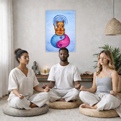 Poster of a brown cat meditating with glowing crown chakra above its head.  Three friends are sitting on wicker pillows meditating in a living room. The poster is on the wall behind them. The table behind them has a Buddha statue and a lit candle. There is a white curtain to the left and a hanging lamp and a potted green plant on the right.
