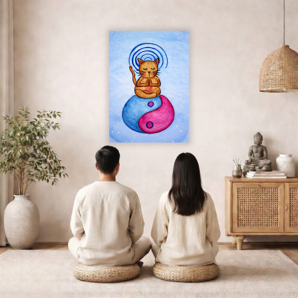 Poster of a brown cat meditating with glowing crown chakra above its head.  The poster is hanging on a living room wall. A couple is mediating facing the poster. There is a floor plant on in the left corner. On the right side is a cabinet with a Buddha statue on top, burning incense and a few books.