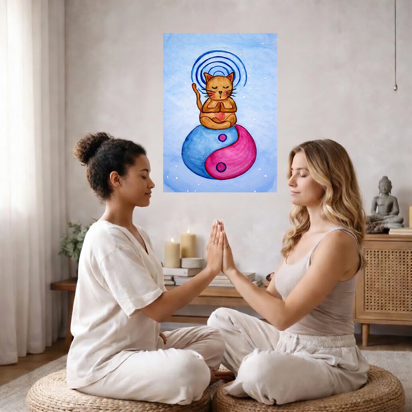 Poster of a brown cat meditating with glowing crown chakra above its head.  The poster is in the center of the living room wall. Two girls are facing each other sitting on wicker pillows with their hands together transferring energy. There is a coffee table behind them with a Buddha statue, incense and candles. A green potted plant is the left by a curtained window.