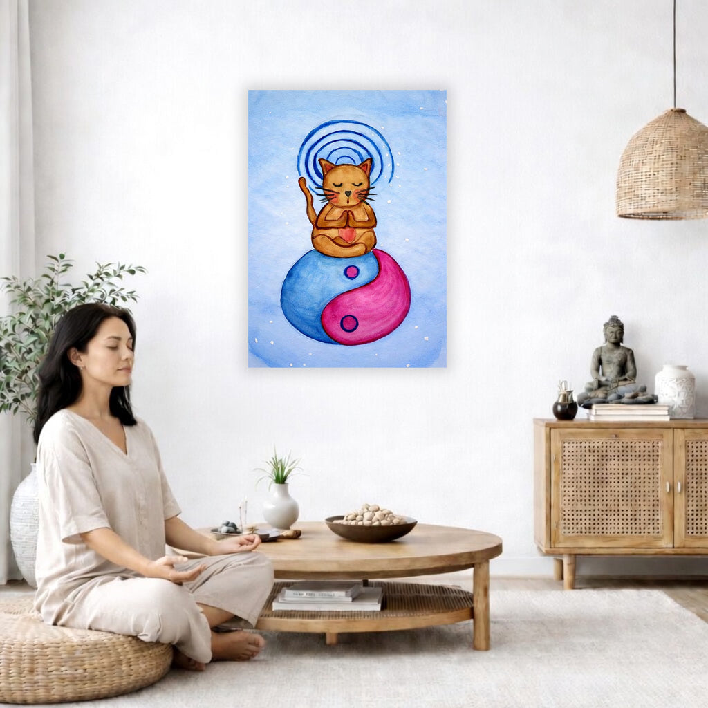 Poster of a brown cat meditating with glowing crown chakra above its head.  The poster is in the center of the living room wall. A woman is on a chair on the left side of his living room meditating. There is a green potted plant behind her. On the right side is a cabinet with a Buddha statue on it.
