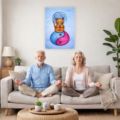 Poster of a brown cat meditating with glowing crown chakra above its head.  A couple is meditating on their couch. The poster is on a wall behind them. There is a coffee table in front with candles burning and a potted plant. There is a potted plant to the right and shelves on the left.
