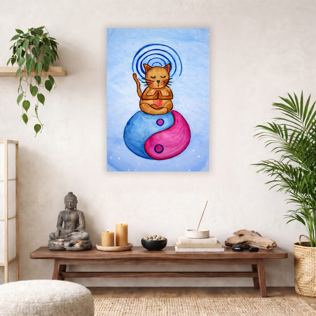 Poster of a brown cat meditating with glowing crown chakra above its head.  The poster hanging on a living room wall. There is a coffee table with burning candles and a Buddha statue. There are green potted plants on each side of the room.