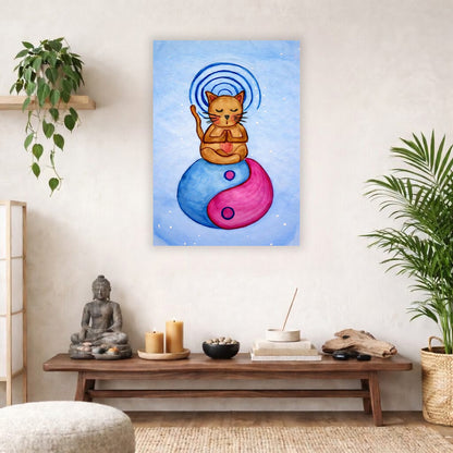 Poster of a brown cat meditating with glowing crown chakra above its head.  The poster hanging on a living room wall. There is a coffee table with burning candles and a Buddha statue. There are green potted plants on each side of the room.