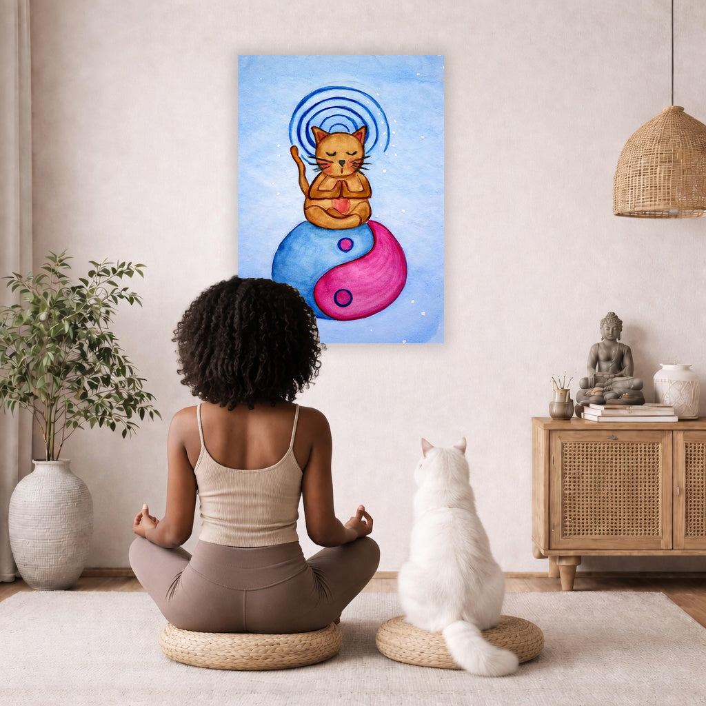 Poster of a brown cat meditating with glowing crown chakra above its head.  A cat and woman are sitting on a wicker pillow meditating facing the poster. There is a floor plant on in the left corner. On the right side is a cabinet with a Buddha statue on top, burning incense and a few books.
