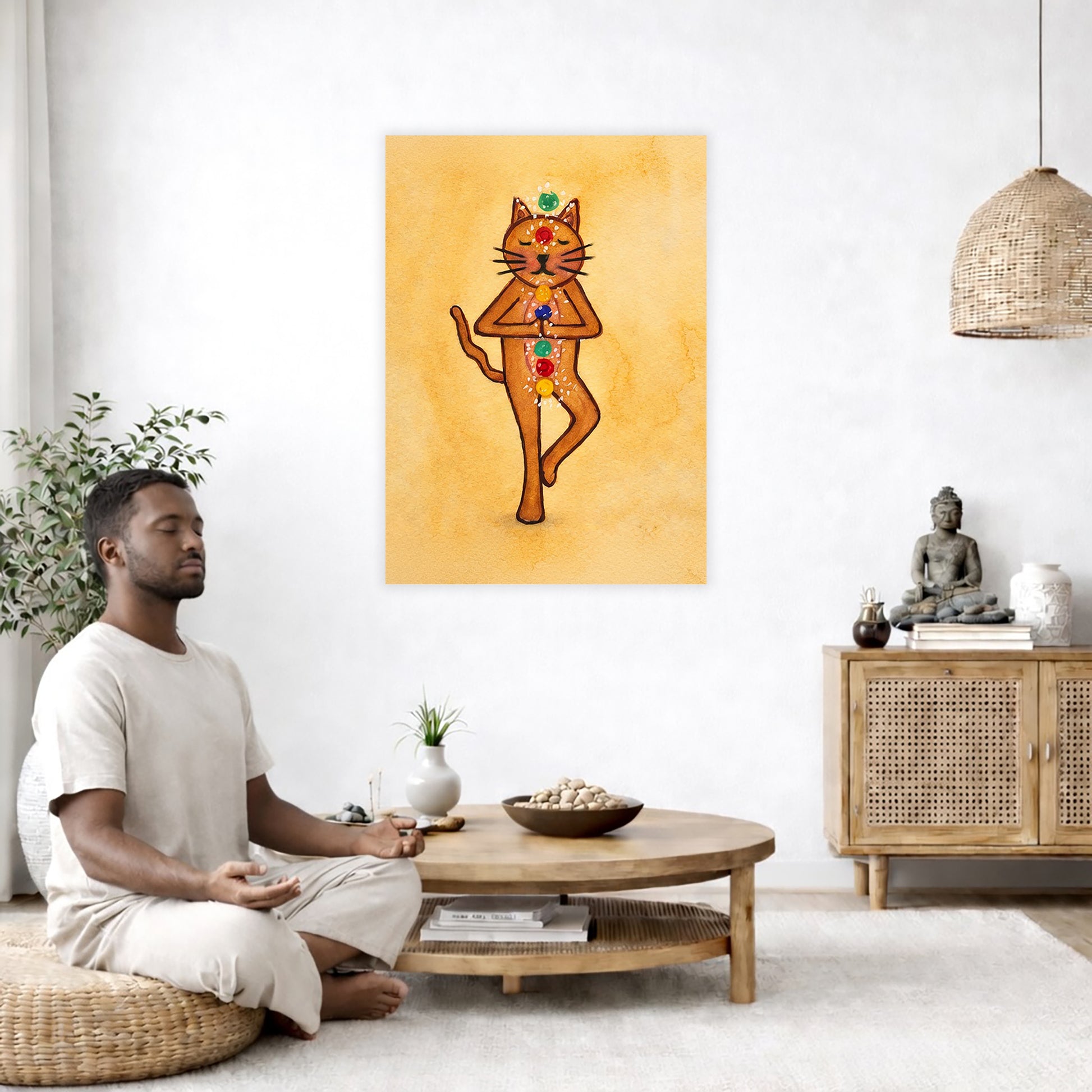 A poster with a brown cat in standing meditation pose with glowing chakras aligned along the body. The poster is in the center of the living room wall. A man is on a chair on the left side of his living room meditating. On the right side is a cabinet with a Buddha statue on it.
