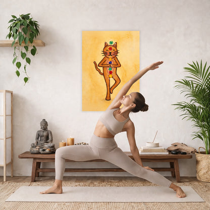 A poster with a brown cat in standing meditation pose with glowing chakras aligned along the body.  The poster is hanging on a living room wall. There is a woman doing the yoga pose extended side angle. There is a coffee table behind her with candles burning and a potted plant. There is a potted plant to the right and shelves on the left.