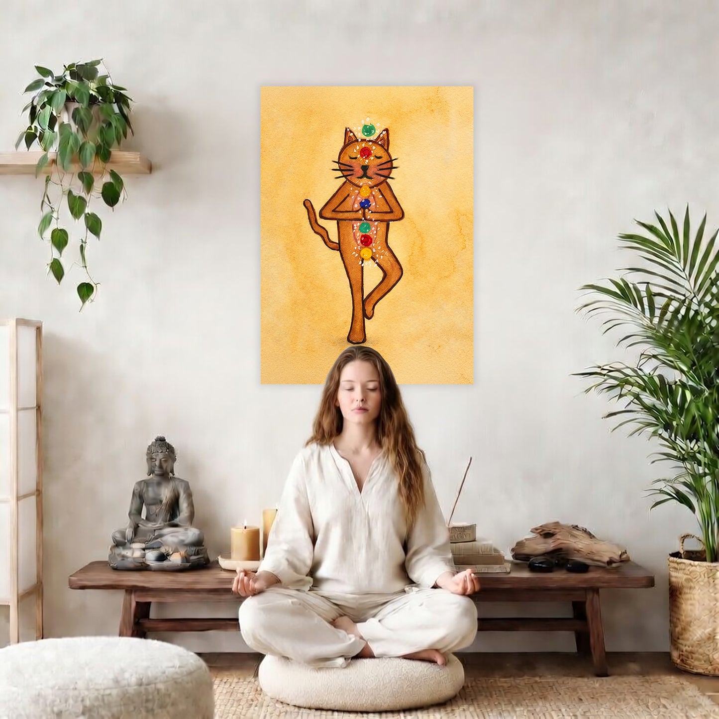 A poster with a brown cat in standing meditation pose with glowing chakras aligned along the body. The poster is in the center of the living room wall. There is a woman meditating facing away from the wall. Behind her is a coffee table with incense and a Buddha statue. There are potted plants on the right and left side of the background.
