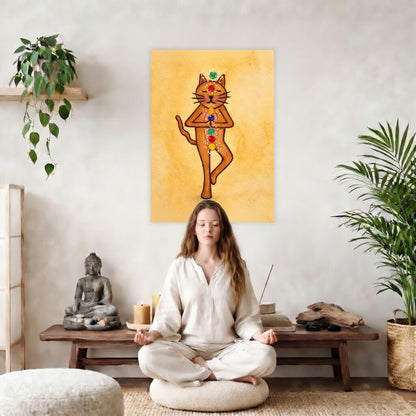 A poster with a brown cat in standing meditation pose with glowing chakras aligned along the body. The poster is in the center of the living room wall. There is a woman meditating facing away from the wall. Behind her is a coffee table with incense and a Buddha statue. There are potted plants on the right and left side of the background.
