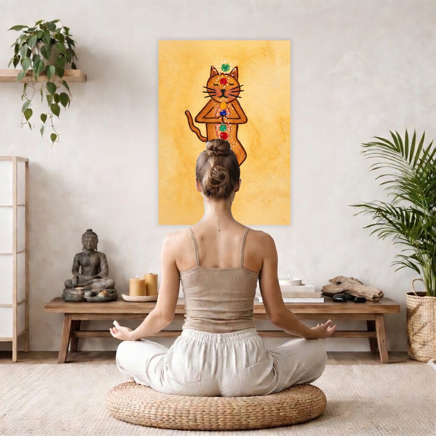 A poster with a brown cat in standing meditation pose with glowing chakras aligned along the body. The poster is hanging on a living room wall. A woman is mediating facing the poster. There is a coffee table in front of her with burning candles and a Buddha statue. There are green potted plants on each side of the room.
