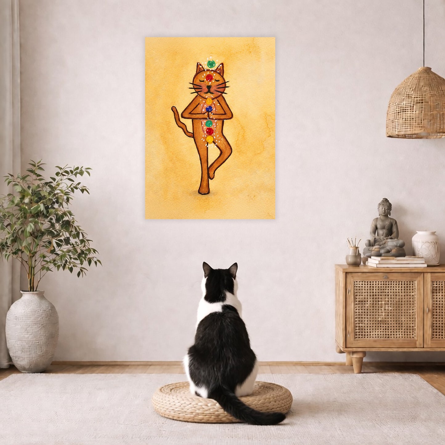 A poster with a brown cat in standing meditation pose with glowing chakras aligned along the body.  A black and white cat is sitting on a wicker pillow meditating facing the poster. There is a floor plant on in the left corner. On the right side is a cabinet with a Buddha statue on top, burning incense and a few books.
