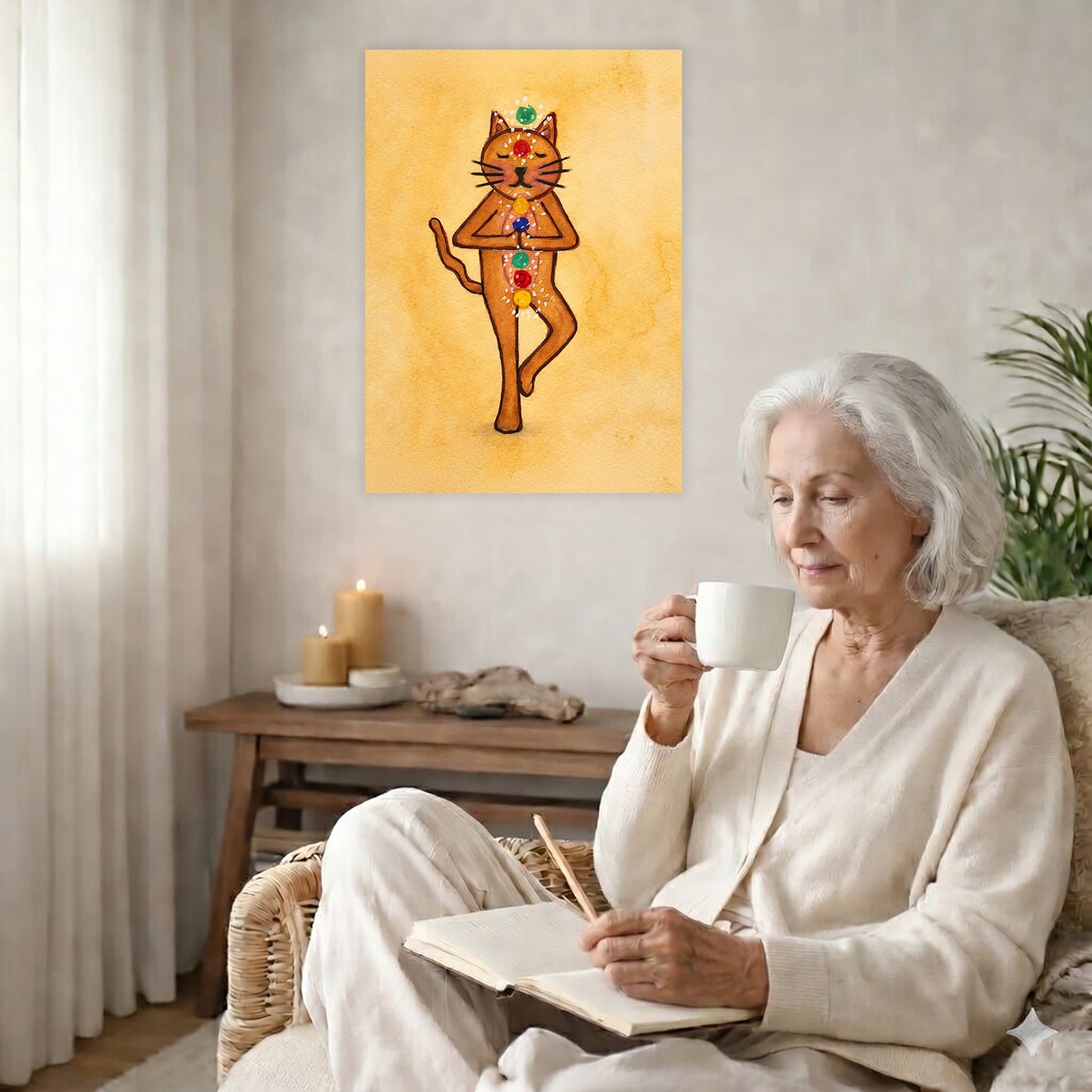 A poster with a brown cat in standing meditation pose with glowing chakras aligned along the body. The poster is in the center of the living room wall. There is a coffee table below the poster with burning candles. A woman is sitting in a wicker chair on the right side of the poster with a cup of tea writing in her journal.

