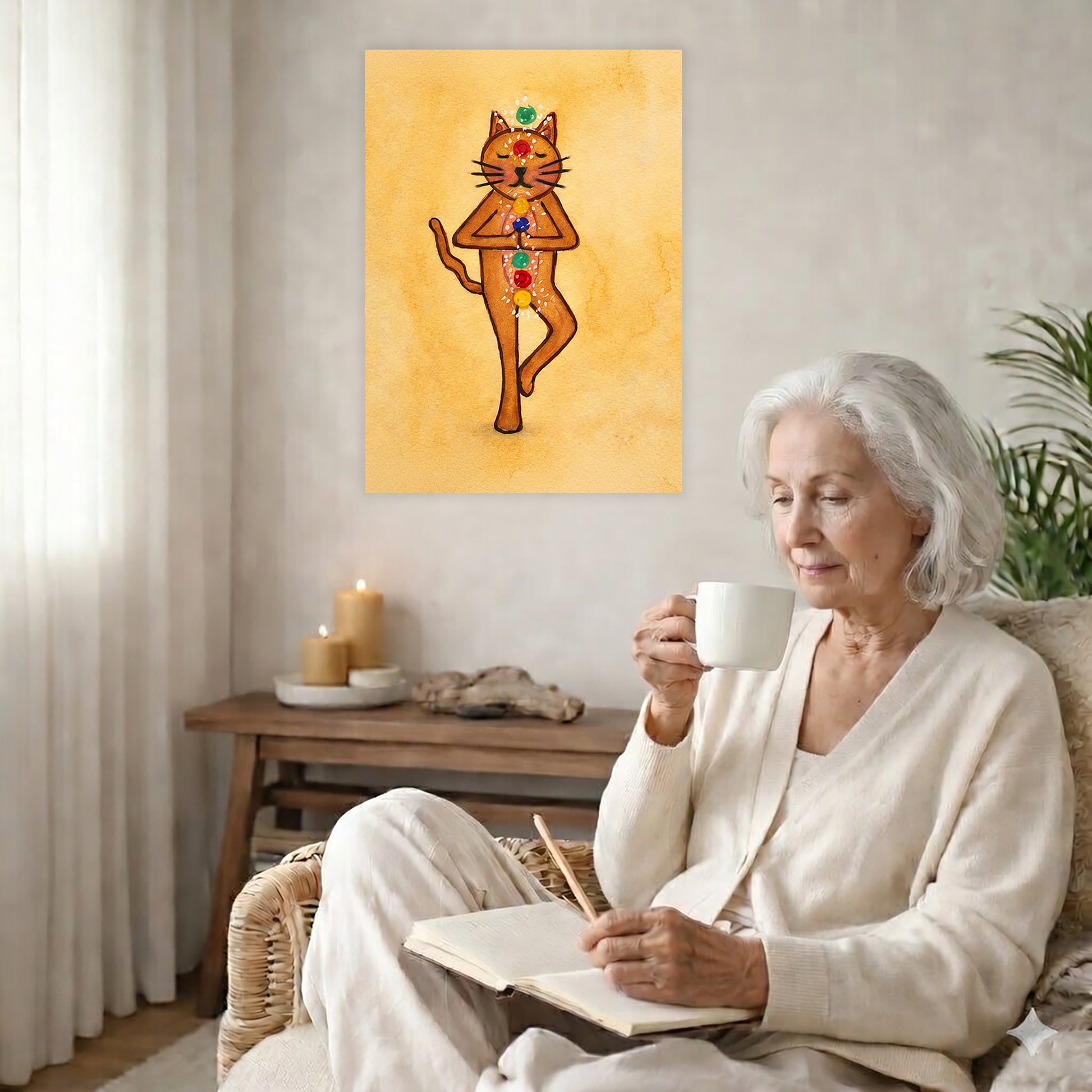 A poster with a brown cat in standing meditation pose with glowing chakras aligned along the body. The poster is in the center of the living room wall. There is a coffee table below the poster with burning candles. A woman is sitting in a wicker chair on the right side of the poster with a cup of tea writing in her journal.
