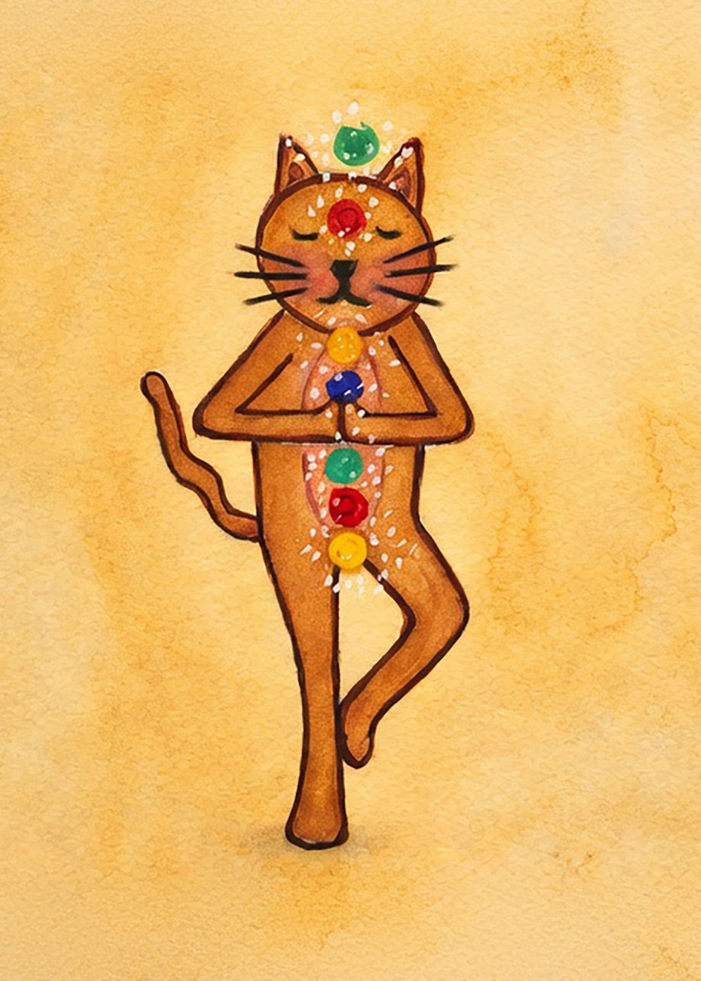 A poster with a brown cat in standing meditation pose with glowing chakras aligned along the body.  This is a print of the original watercolor created by Brazilian artist Thaís Suizo for the LET'S MEDITATE series of meditation guides. 
