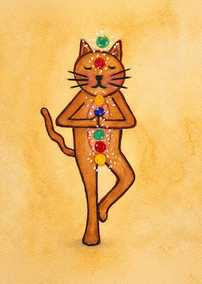 A poster with a brown cat in standing meditation pose with glowing chakras aligned along the body.  This is a print of the original watercolor created by Brazilian artist Thaís Suizo for the LET'S MEDITATE series of meditation guides. 
