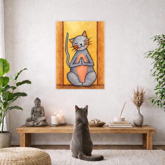 Poster of gray cat with a pink belly sitting in meditation, cute and calming illustration. The poster is hanging on a living room wall. A gray cat is staring up at the poster. The coffee table below the poster has a Buddha statue and a lit candle. There is a white curtain to the left and a hanging lamp and a potted green plant on the right.