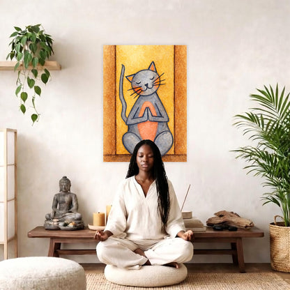 Poster of gray cat with a pink belly sitting in meditation, cute and calming illustration.  The poster is in the center of the living room wall. There is a woman meditating facing away from the wall. Behind her is a coffee table with incense and a Buddha statue. There are potted plants on the right and left side of the background.
