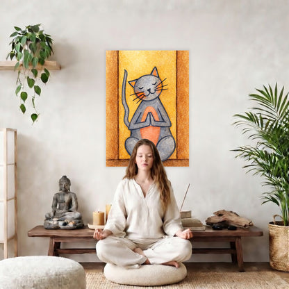 Poster of gray cat with a pink belly sitting in meditation, cute and calming illustration. The poster is in the center of the living room wall. There is a young woman meditating facing away from the wall. Behind her is a coffee table with incense and a Buddha statue. There are potted plants on the right and left side of the background. A large piece of driftwood is on the coffee table.
