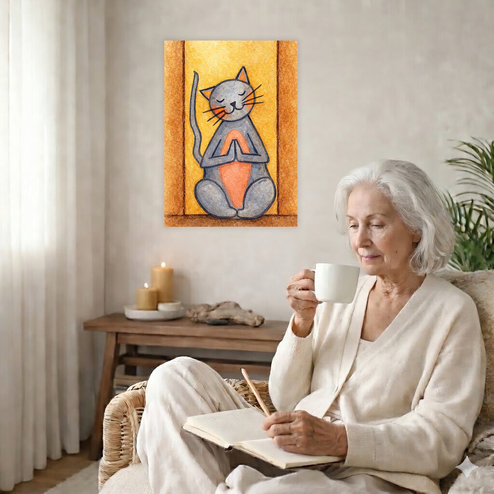 Poster of gray cat with a pink belly sitting in meditation, cute and calming illustration. The poster is in the center of the living room wall. There is a coffee table below the poster with burning candles. A woman is sitting in a wicker chair on the right side of the poster with a cup of tea writing in her journal.
