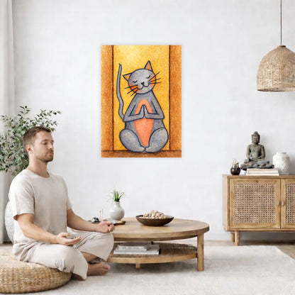 Poster of gray cat with a pink belly sitting in meditation, cute and calming illustration. The poster is in the center of the living room wall. A man is on a chair on the left side of his living room meditating. On the right side is a cabinet with a Buddha statue on it.
