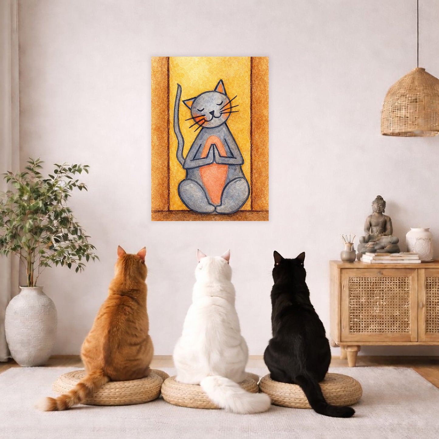 Poster of gray cat with a pink belly sitting in meditation, cute and calming illustration. Three cats are sitting on a wicker pillow meditating facing the poster. There is a floor plant on in the left corner. On the right side is a cabinet with a Buddha statue on top, burning incense and a few books.
