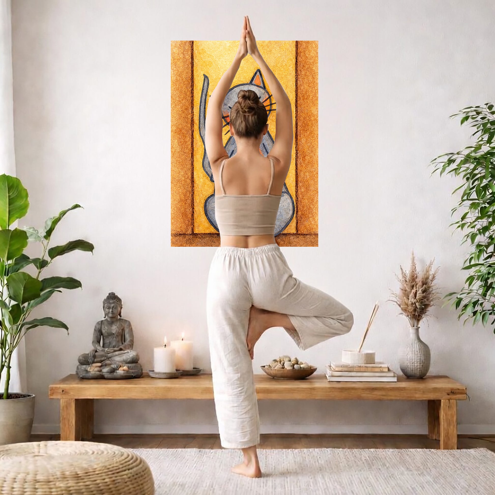 Poster of gray cat with a pink belly sitting in meditation, cute and calming illustration. The poster is framed hanging on a living room wall. A woman is doing the yoga tree pose (Vrksasana) facing the poster. There is a coffee table in front of her with candles and a Buddha statue. There are green potted plants on each side of the room.
