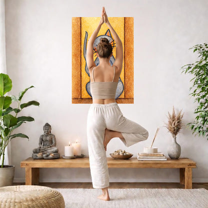 Poster of gray cat with a pink belly sitting in meditation, cute and calming illustration. The poster is framed hanging on a living room wall. A woman is doing the yoga tree pose (Vrksasana) facing the poster. There is a coffee table in front of her with candles and a Buddha statue. There are green potted plants on each side of the room.
