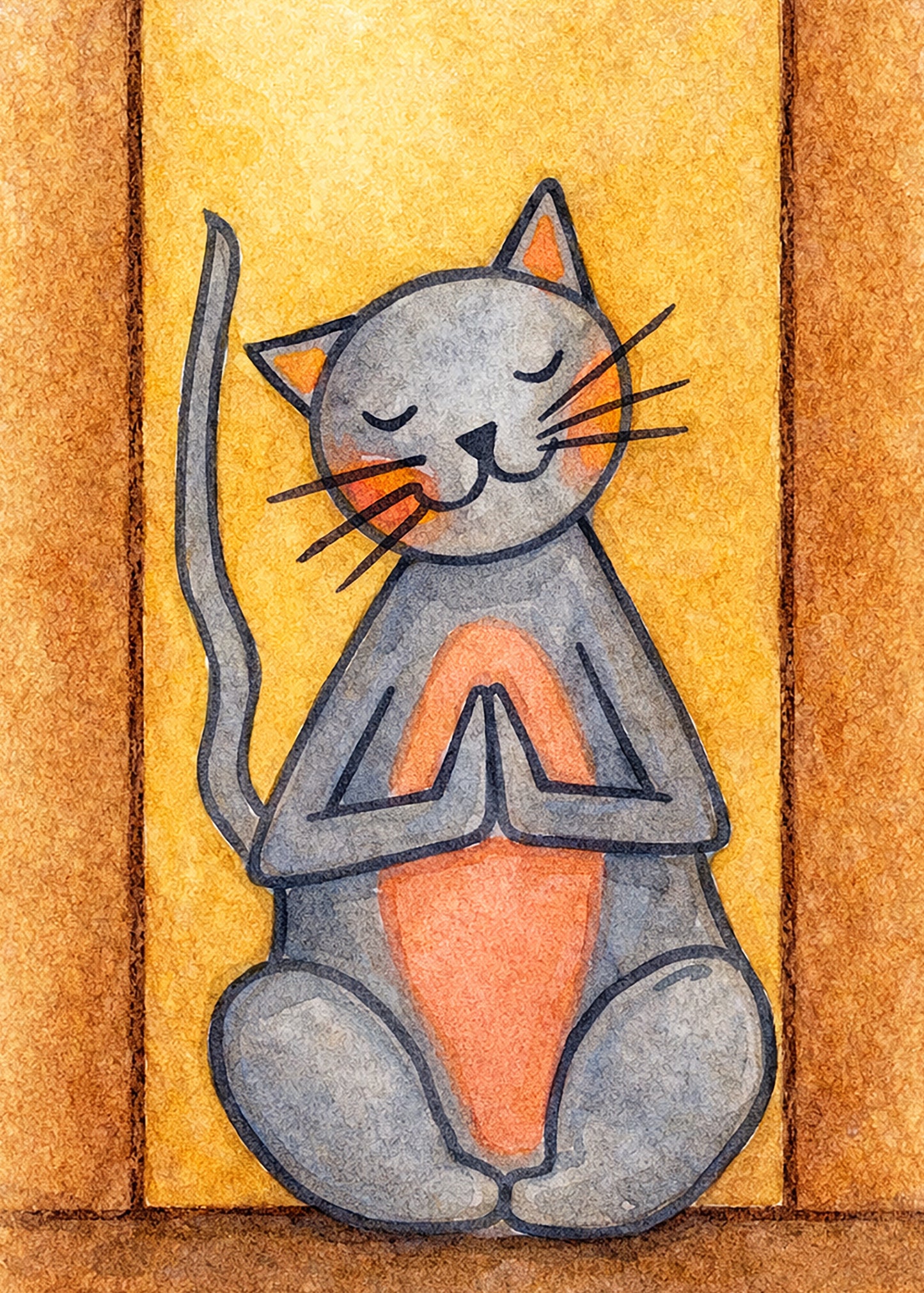 Poster of gray cat with a pink belly sitting in meditation, cute and calming illustration. This is a print of the original watercolor created by Brazilian artist Thaís Suizo for the LET'S MEDITATE series of meditation guides. 
