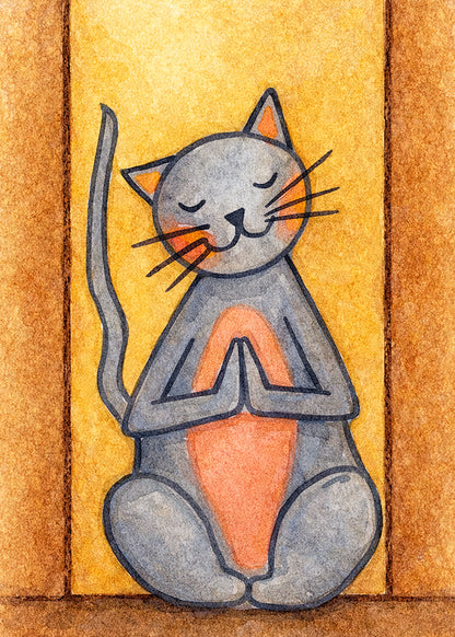 Poster of gray cat with a pink belly sitting in meditation, cute and calming illustration. This is a print of the original watercolor created by Brazilian artist Thaís Suizo for the LET'S MEDITATE series of meditation guides. 
