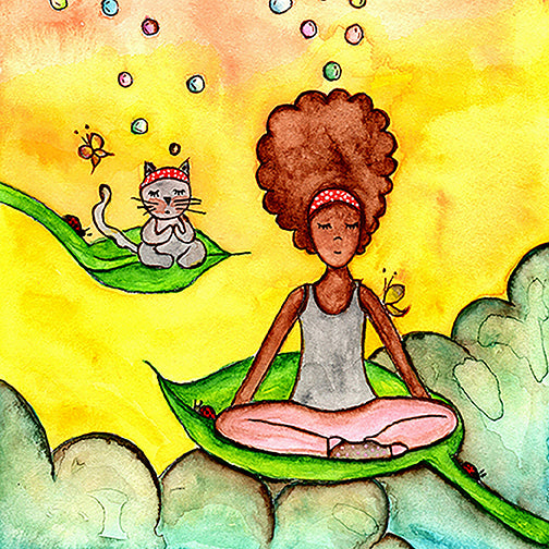 Woman and cat sitting peacefully on leaves in meditation, nature-inspired mindfulness scene representing calm, balance and connection, printed on a spiritual coffee mug. This is a print of the original illustration by Brazilian artist Thaís Suizo.