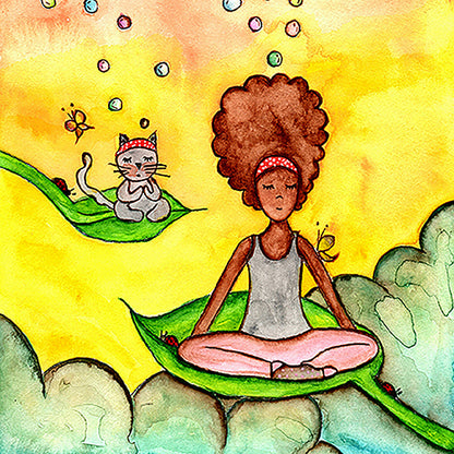 Woman and cat sitting peacefully on leaves in meditation, nature-inspired mindfulness scene representing calm, balance and connection, printed on a spiritual coffee mug. This is a print of the original illustration by Brazilian artist Thaís Suizo.
