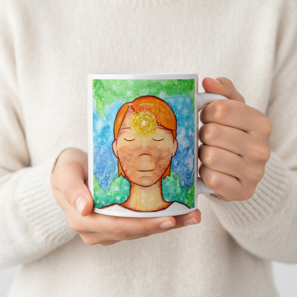 Man meditating with glowing third eye chakra on forehead, symbolizing intuition, awareness and inner vision, spiritual chakra artwork on a meditation themed coffee mug. The hands of a person wearing a white sweater are holding the mug up to display the design.