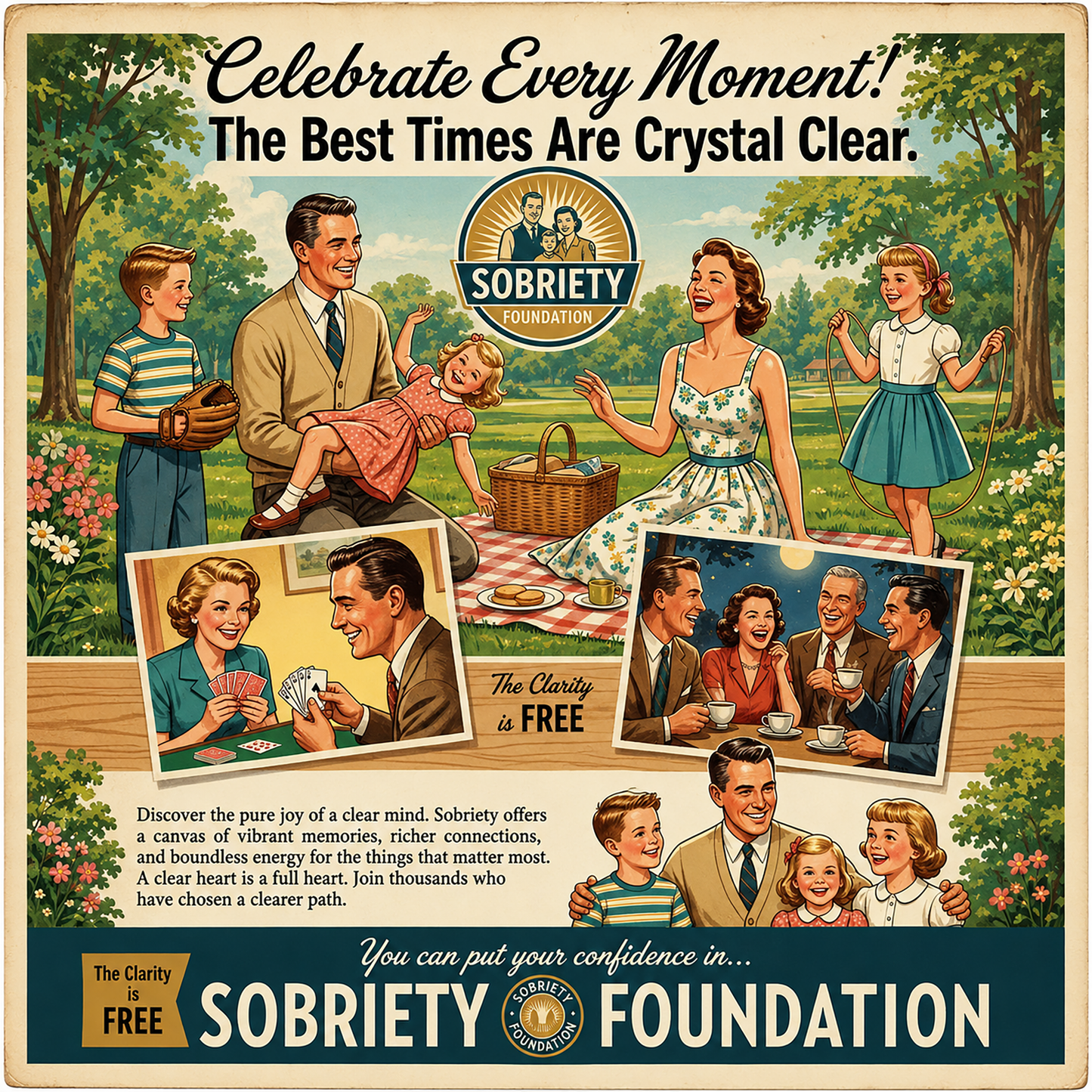 Vintage-style sobriety coffee mug design featuring happy family scenes, retro recovery artwork, and inspirational crystal-clear living messages in a classic mid-century advertising style.