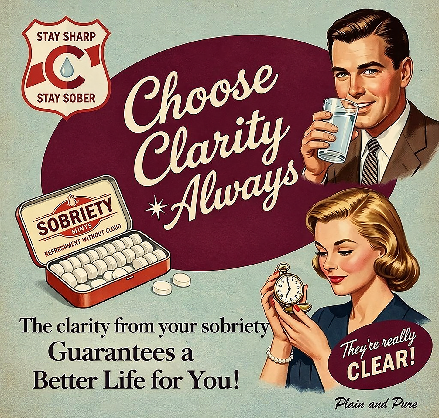 Thumbnail of Vintage retro sobriety coffee mug design featuring “Choose Clarity Always” slogan, recovery-themed artwork, and inspirational clean living messages in a classic mid-century advertising style.