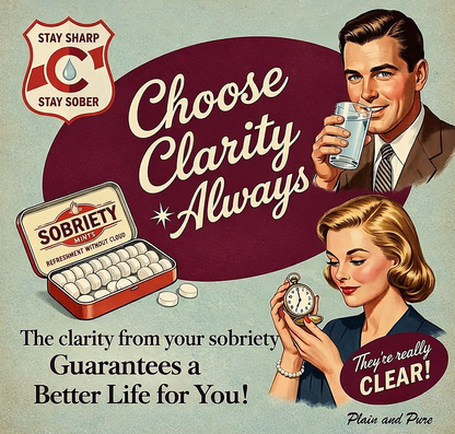 Thumbnail of Vintage retro sobriety coffee mug design featuring “Choose Clarity Always” slogan, recovery-themed artwork, and inspirational clean living messages in a classic mid-century advertising style.