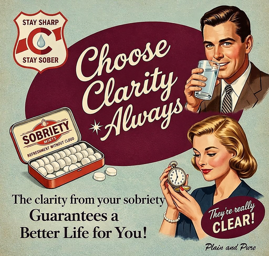 Thumbnail of Vintage retro sobriety coffee mug design featuring “Choose Clarity Always” slogan, recovery-themed artwork, and inspirational clean living messages in a classic mid-century advertising style.