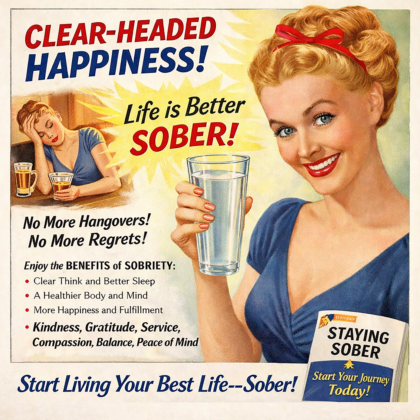 A woman with a glass of water is promoting sobriety. The caption is start living your best life sober.