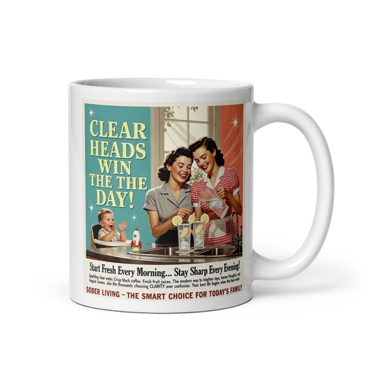 Mug with vintage-style graphic of two women and a child, featuring text about sobriety. Clear heads.