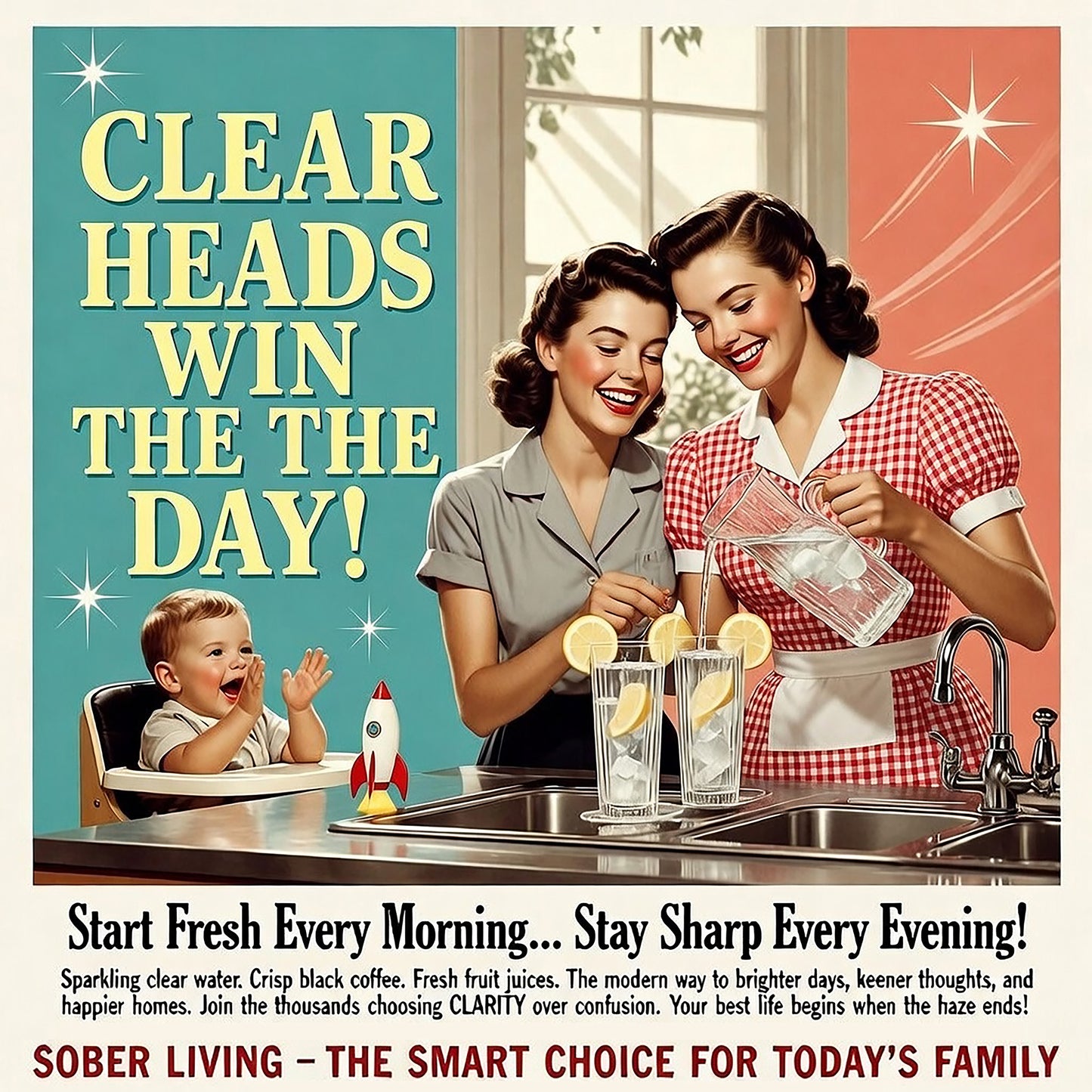 Two woman are pouring  glasses of water celebrating their sobriety. A baby in a crib is watching them. The caption is CLEAR HEADS WIN THE DAY.