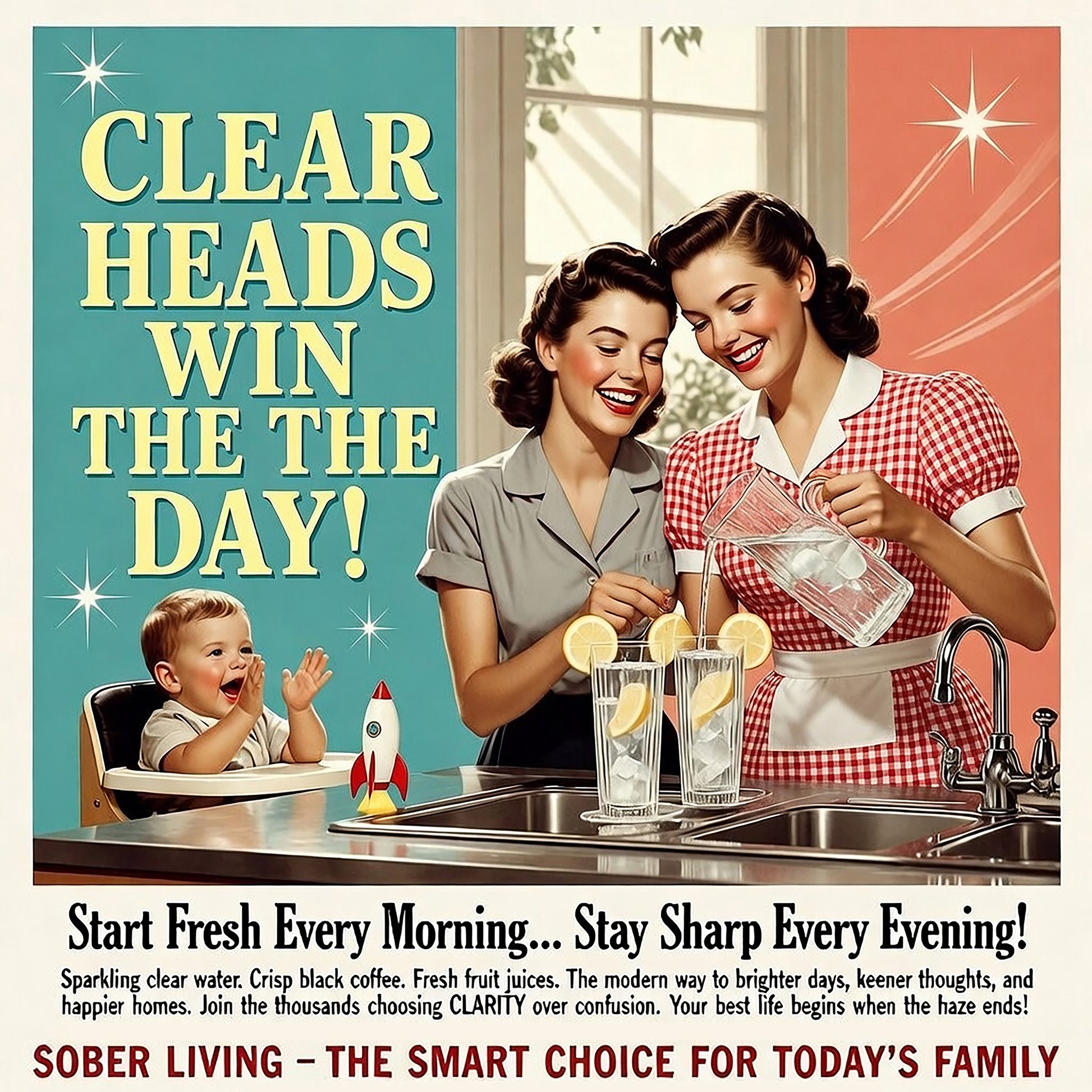Two woman are pouring  glasses of water celebrating their sobriety. A baby in a crib is watching them. The caption is CLEAR HEADS WIN THE DAY.