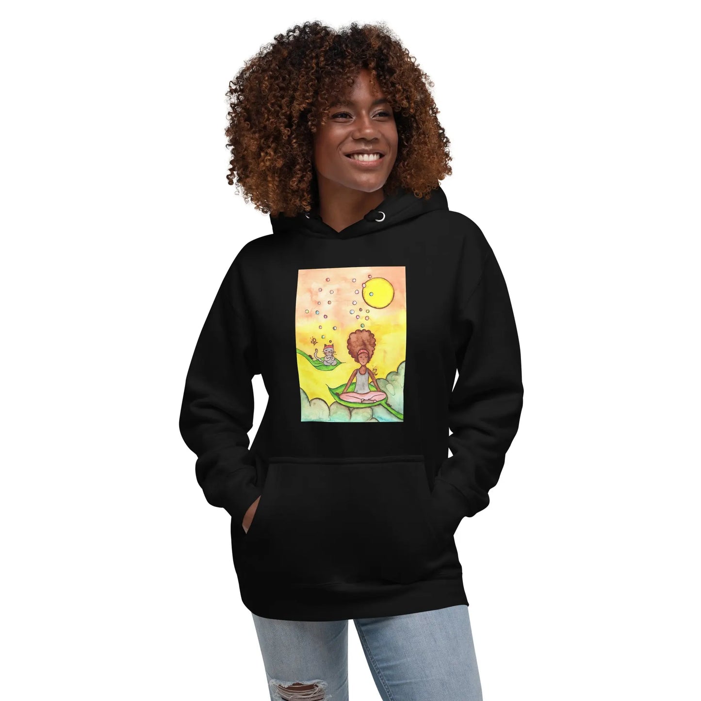 Unisex Pullover Hoodie (cat and woman meditating)